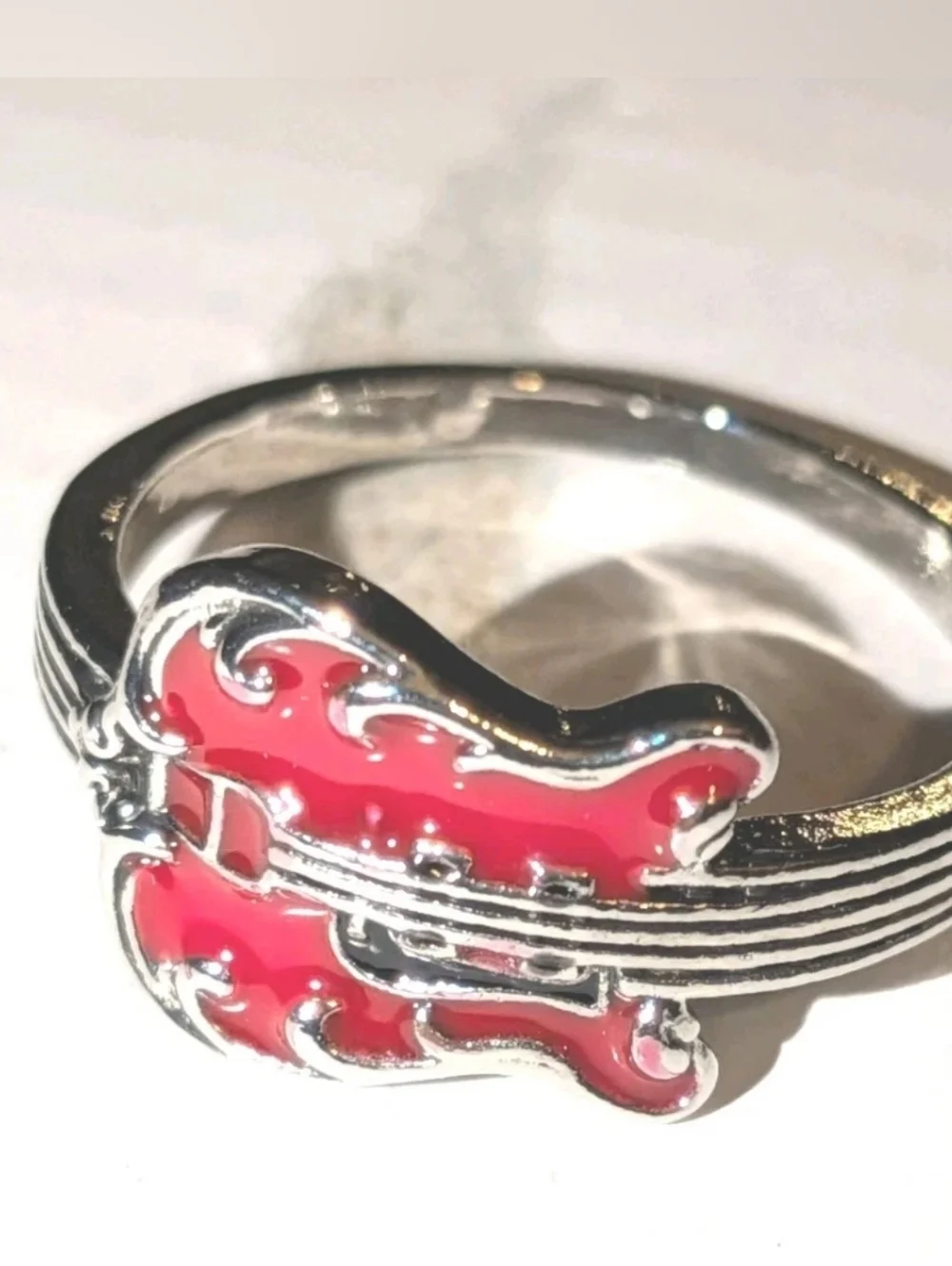 Elvis Inspired Silver Plated Guitar Red Enamel   Unisex Intricate Detailed Ring